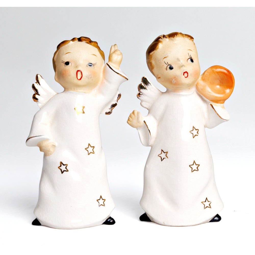 Mid-Century Angel Figurines Christmas Fireplace Mantle Decor Ceramic Japan